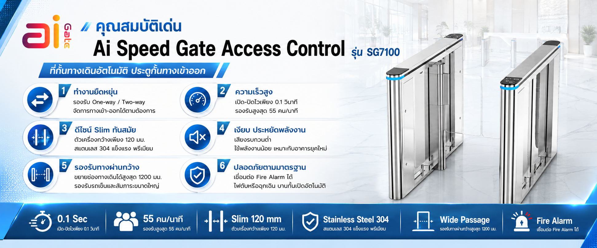 Ai Speed Gate SG7100 ที่กั้นทางเดินอัตโนมัติ ประตูกั้นทางเข้าออก ภาพ 1