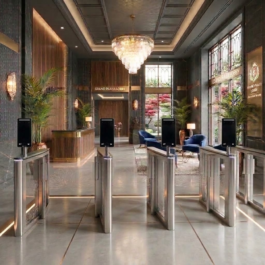 เครื่องสแกนใบหน้าเข้างาน และ QR Code Time Attendance and Access Control Ai Face QR-005 โรงแรม